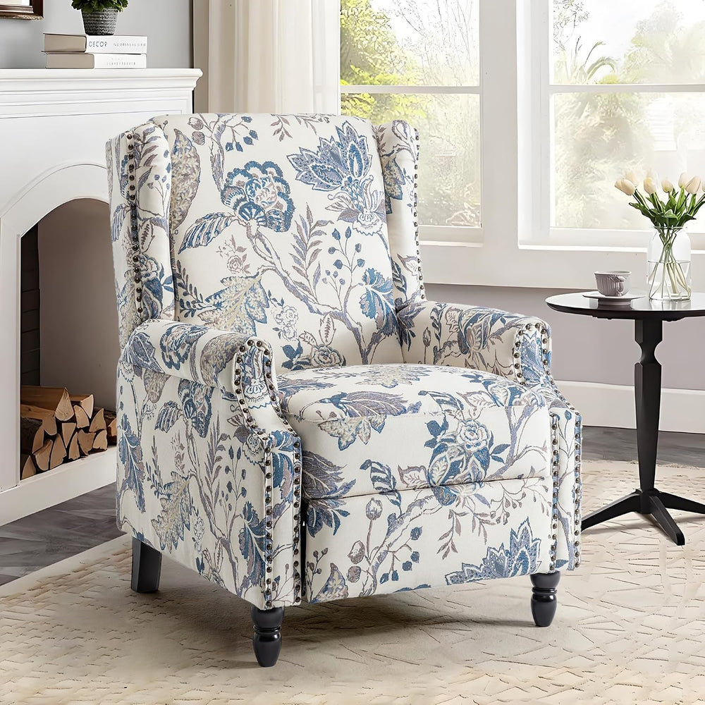 Floral Pushback Recliner Chairs Set of 2, Fabric Armchair, Blue Plant