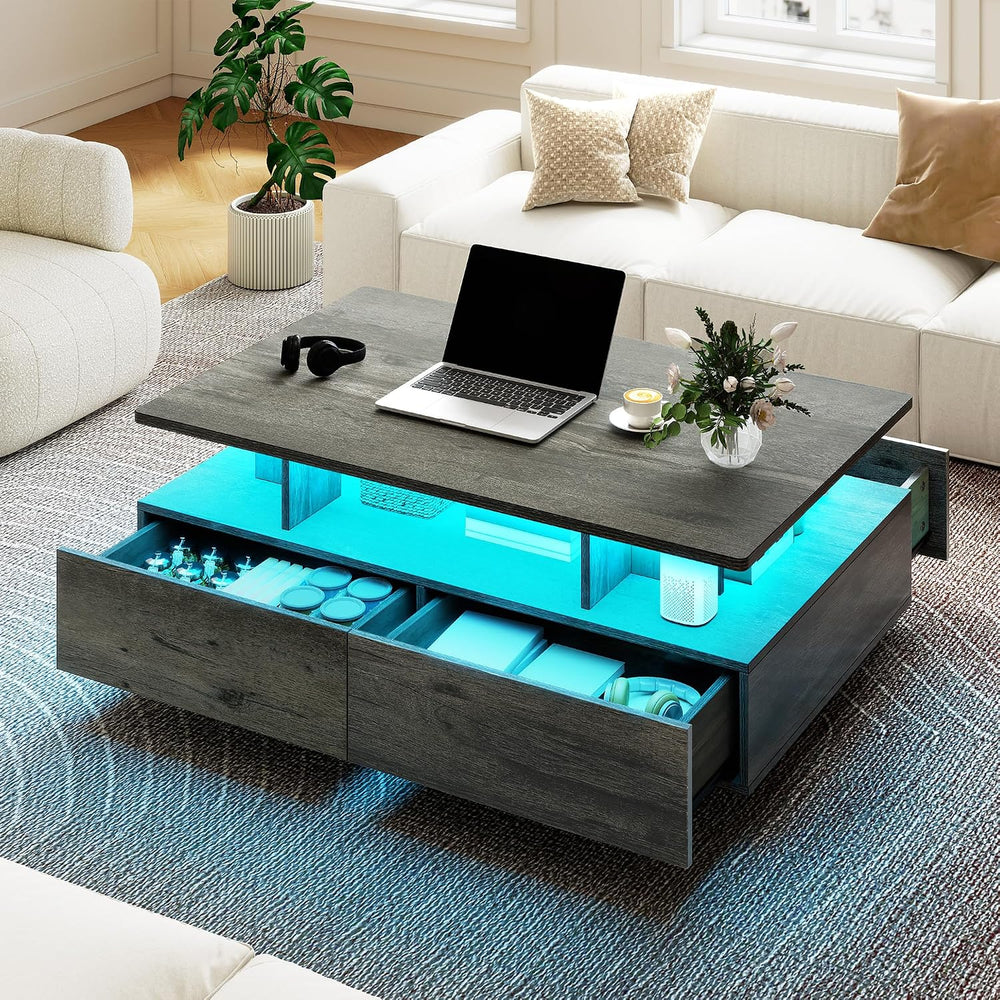 DWVO LED Coffee Table with 4 Drawers, High Glossy Center Table, Grey