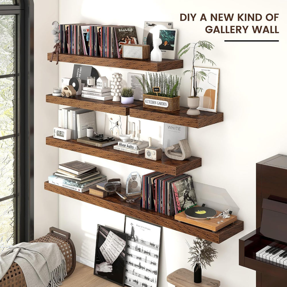 72 Inch Floating Shelves for Wall, 12"D Wood Storage Shelves, Brown Finish