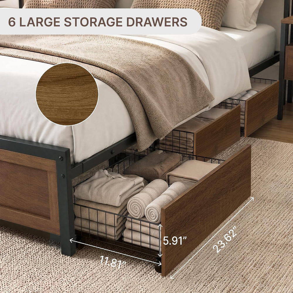 KISLOT 3PCS Bedroom Set with Storage, Industrial Bed Frame, Walnut, Queen