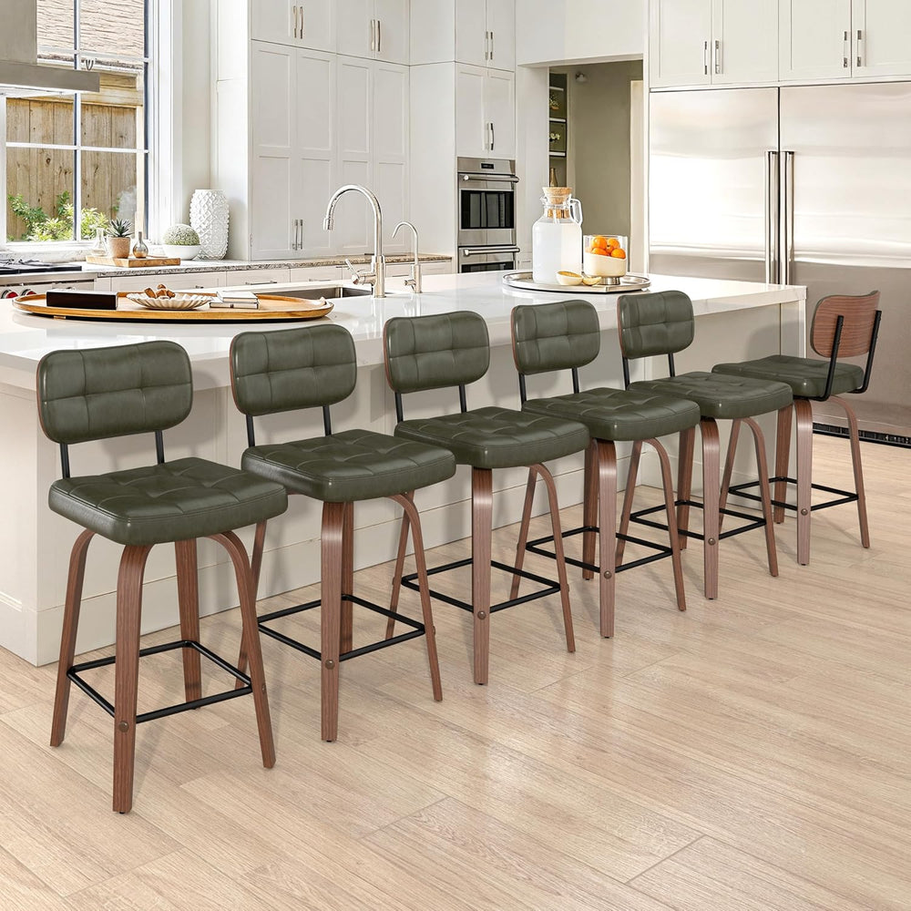 Bar Stools Set of 2 Swivel Counter PU Leather, Deep Green