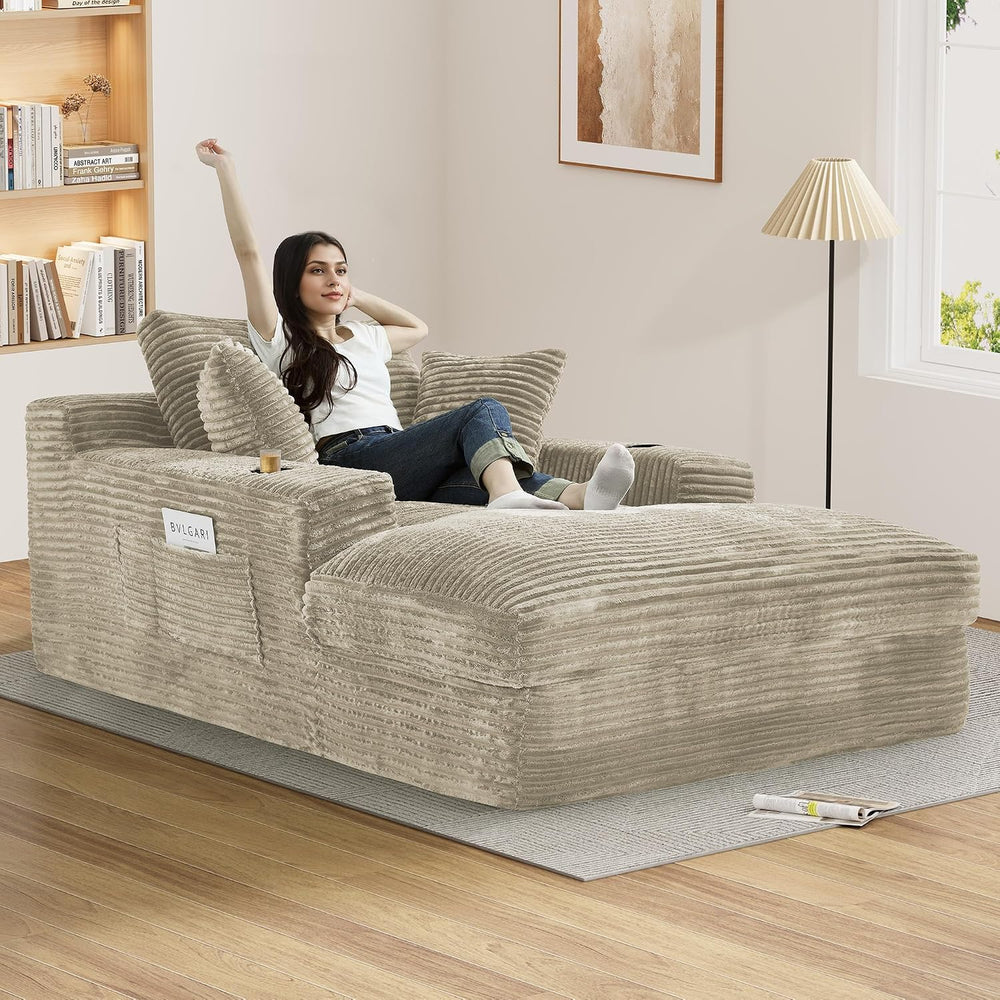 75.9"D Oversized Chaise Lounge Chair Indoor with Cup Holders,Camel