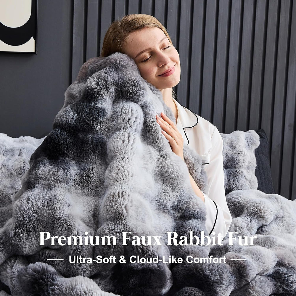 Wonderful - 3 Pieces Faux Rabbit Fur Comforter Set King Size, Grey Tie Dye Pl...