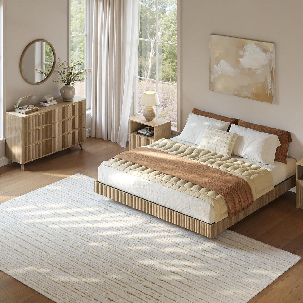 Evermagin Queen Bedroom Set, Fluted Floating Bed Frame & Nightstands, Oak