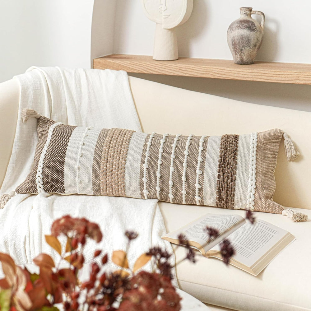 BlissBlush Brown Decorative Lumbar Pillow Cover 14x36 Boho Long Body Pillow f...