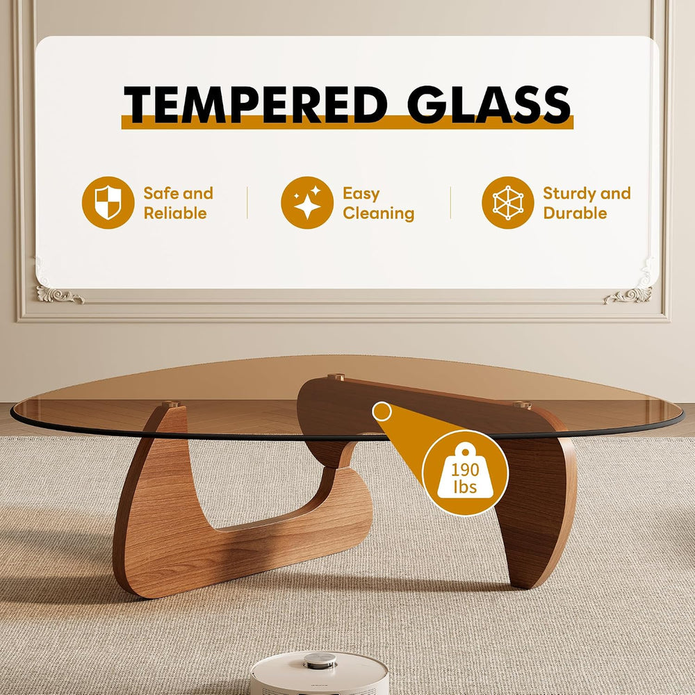 Mid Century Modern Triangle Coffee Table, Tempered Glass Top Solid Wood Base ...