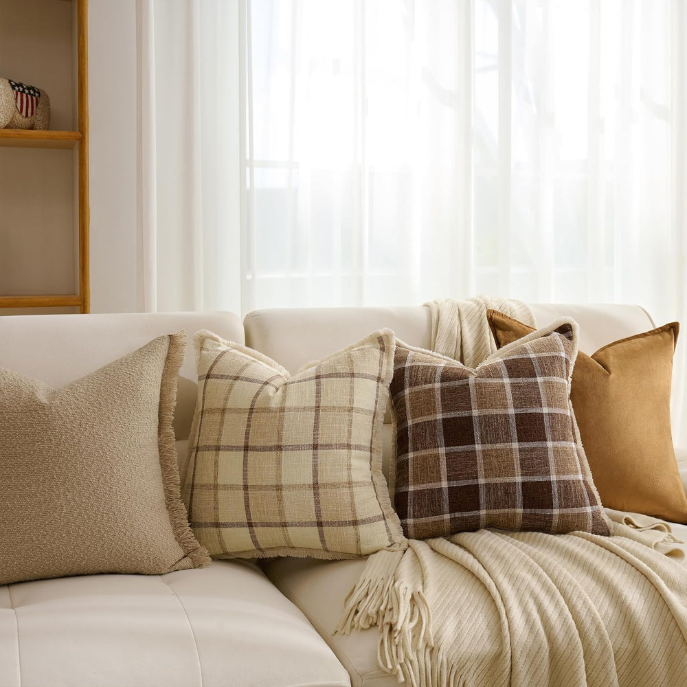 Classic Windowpane Plaid Pillow Covers 18x18 Set of 2, Structured Linen-Look ...
