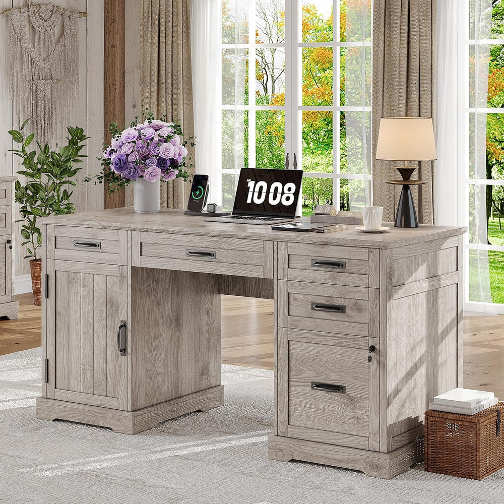 Whalefall 55'' Farmhouse Desk Home Office with Drawers, Light Gray