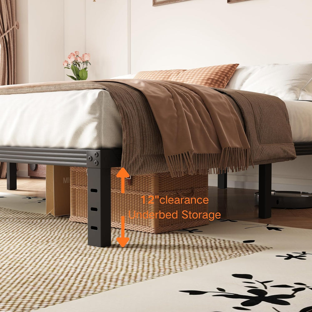 14 Inch Metal Queen Bed Frame with Storage, Black, No Box Spring