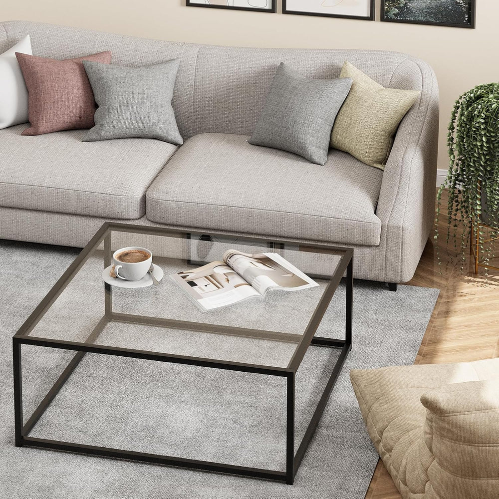 Black Glass Coffee Table for Living Room,Square Coffee Tables for Small Space...