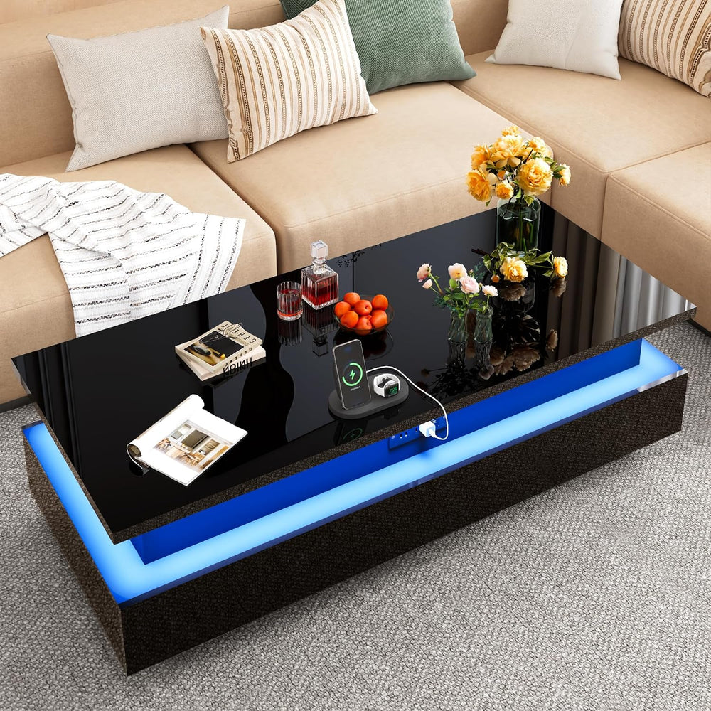 55" Large Lift Top Coffee Table, LED High Glossy Coffee Table Black