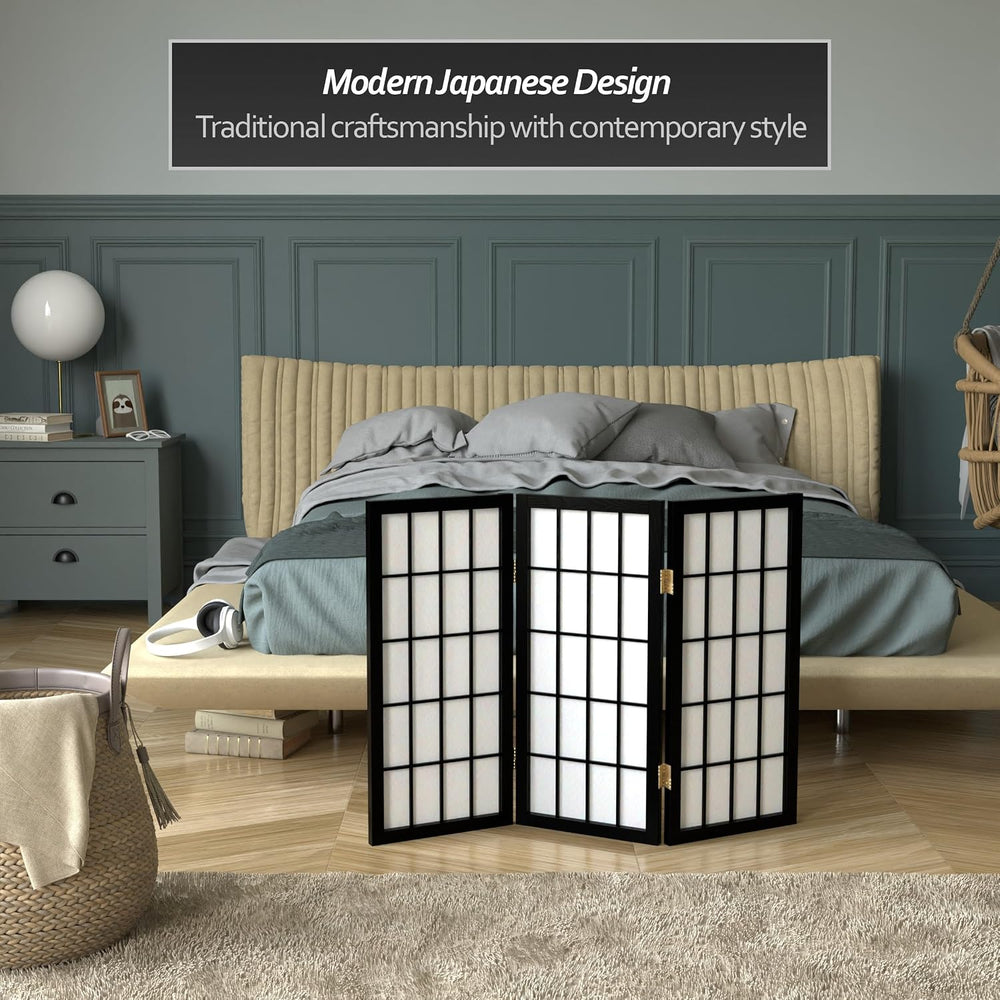2 ft. Short Desktop Window Pane Shoji Screen - Black - 3 Panels