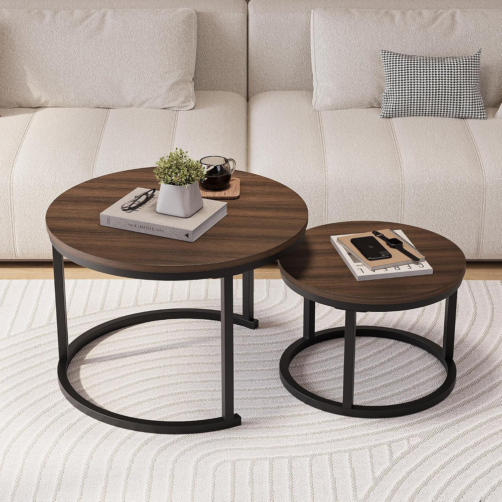 HOJINLINERO Round Nesting Coffee Table Set of 2,Walnut Coffee Table,Large
