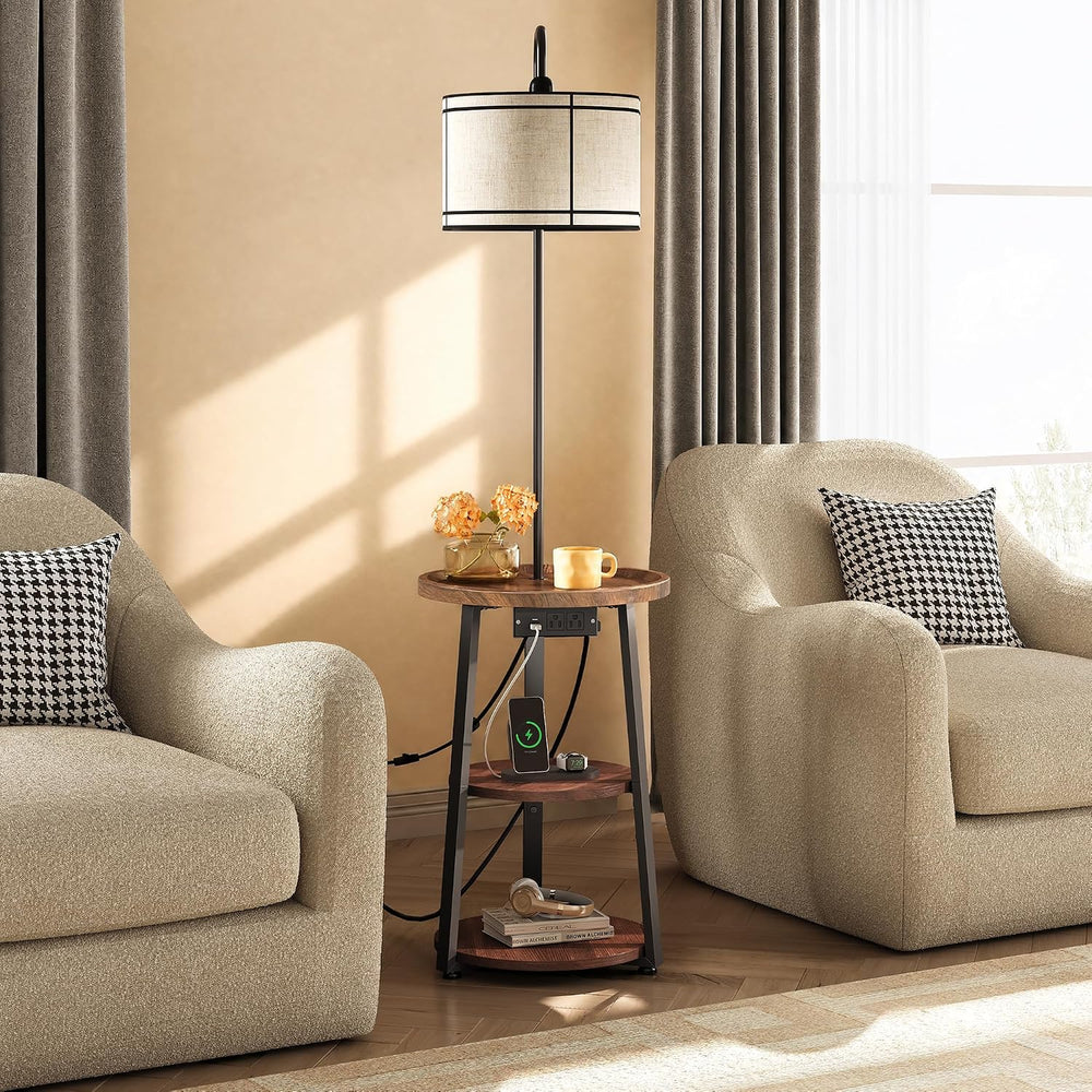 WLIVE Floor Lamp with Table, Round Small Side Table with Charging Station
