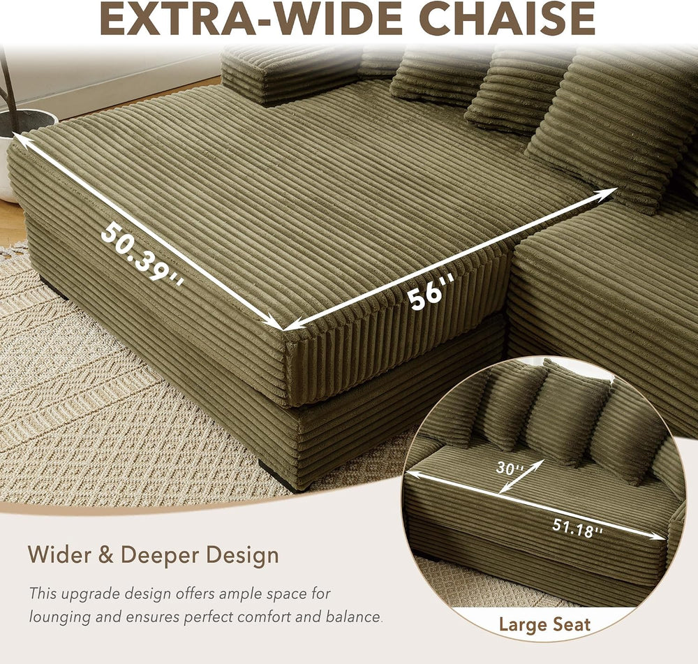 111'' Sleeper Sofa Bed Full Size, Corduroy Modular Sectional Sofa, Green