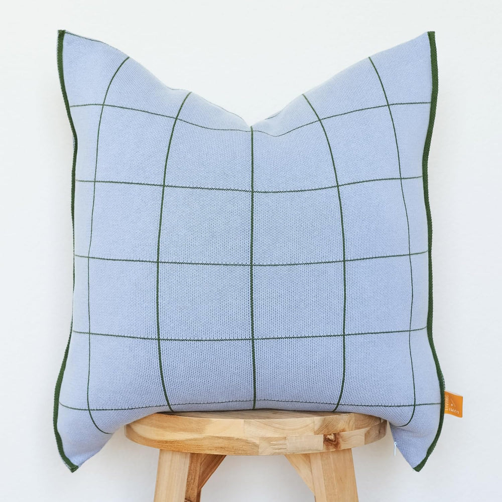 100% Soft Cotton Knitted Modern Window Pane Pillow Cover 18x18 (Cloud Blue)