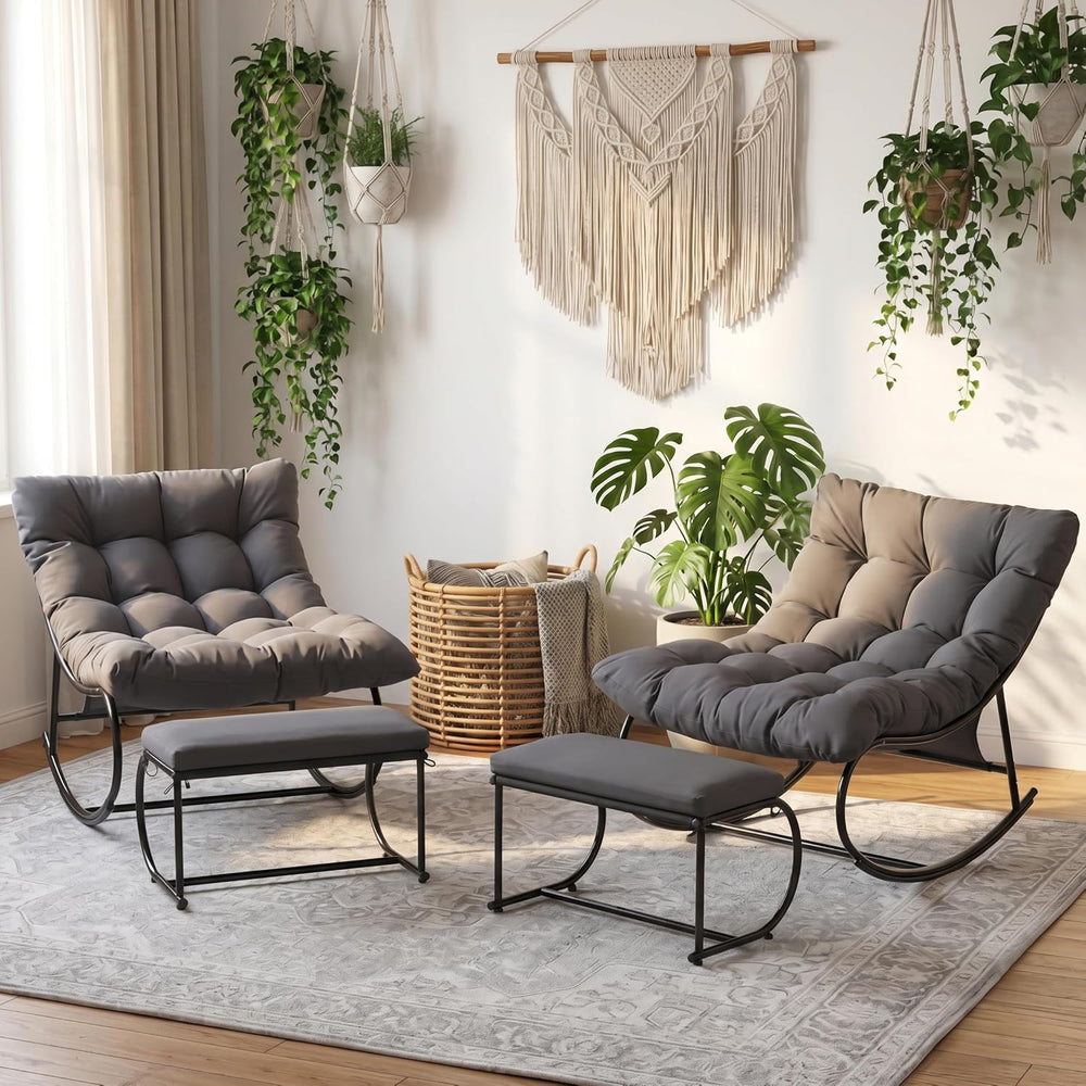 Double Papasan Rocking Chair Set with Ottoman, 2 Pack, Grey