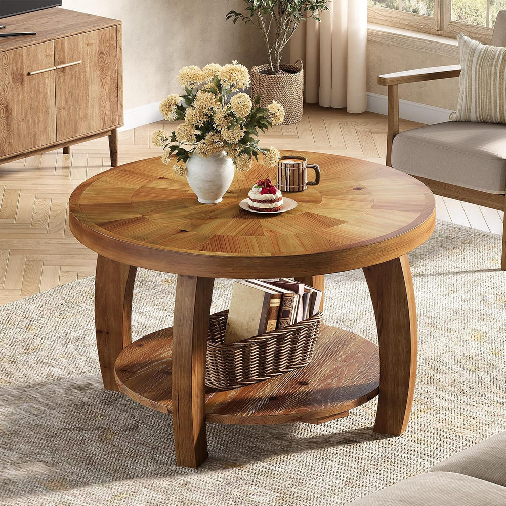 Solid Wood Round Coffee Table, 2-Tier Center Table with Storage