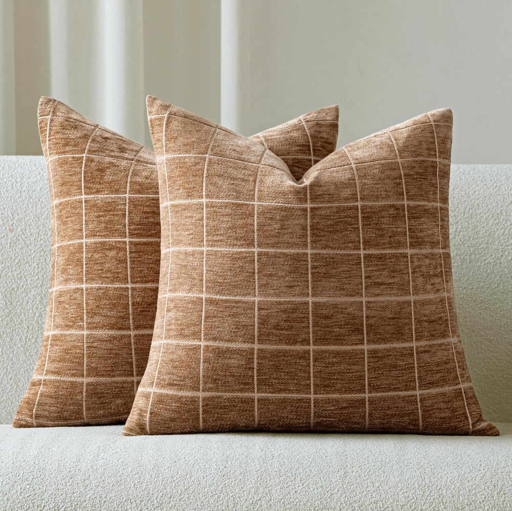 Decorative Chenille Plaid Fall Throw Pillow Covers Camel 26x26 Set of 2