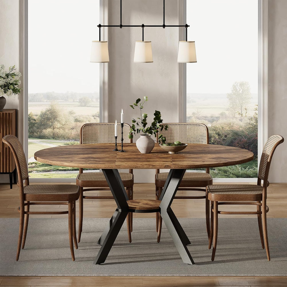 42"-58" Extendable Round Oval Dining Table for 4-6 with Storage Shelf