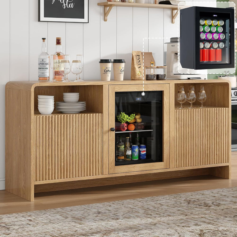 LUXOAK 60" Coffee Bar Cabinet with Beverage Fridge (Included), Oak