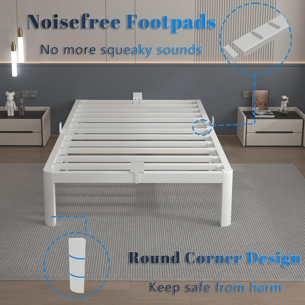 12 Inch Twin Bed Frame with Metal Gasket, White Single Bed Base
