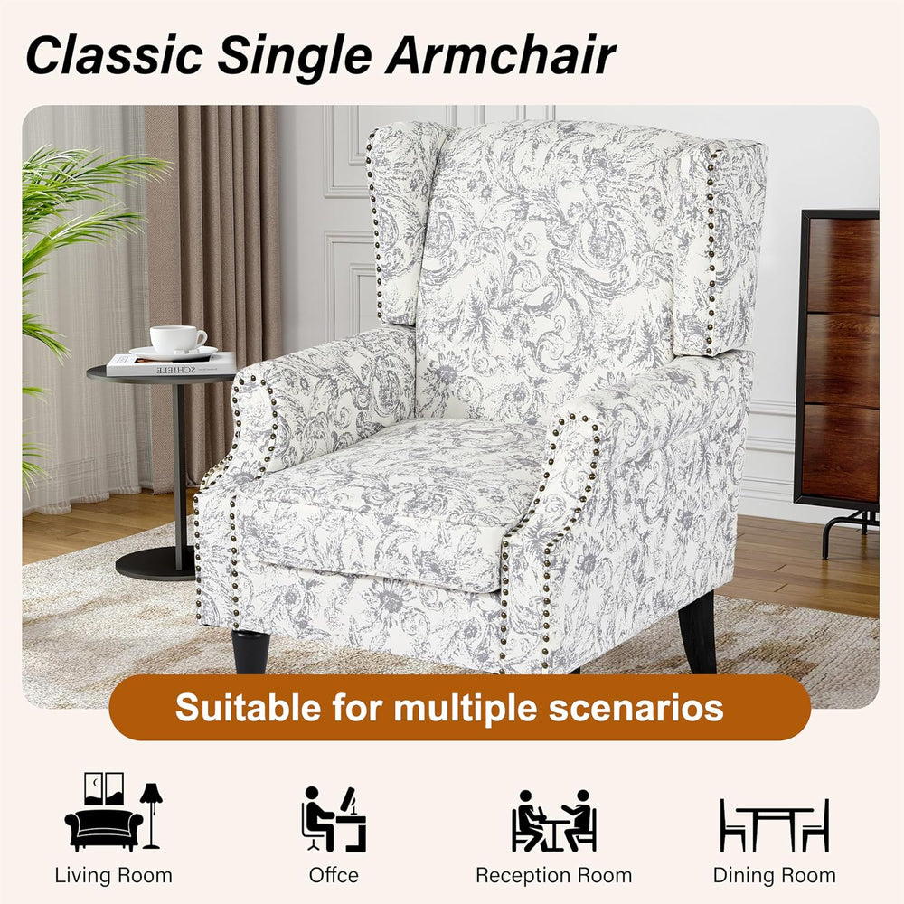 Floral Wingback Accent Chair, High Back Armchair, Rococo Light Gray