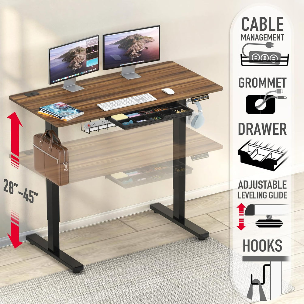 SHW 48-Inch Electric Height Adjustable Standing Desk w/ Drawer, Walnut