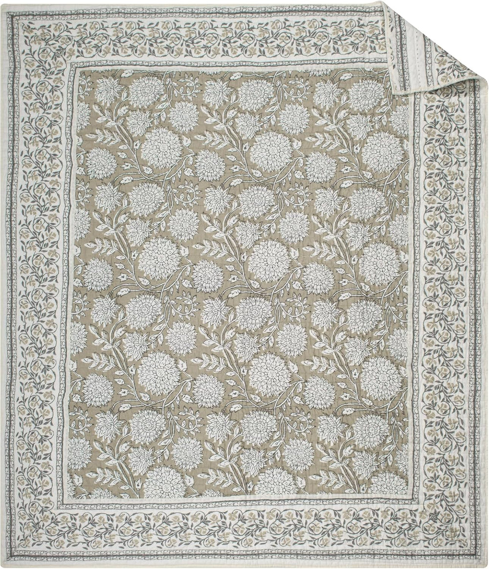 Levtex Home - Adare Taupe - Throw - Bordered Floral - Taupe, Grey and Cream -...