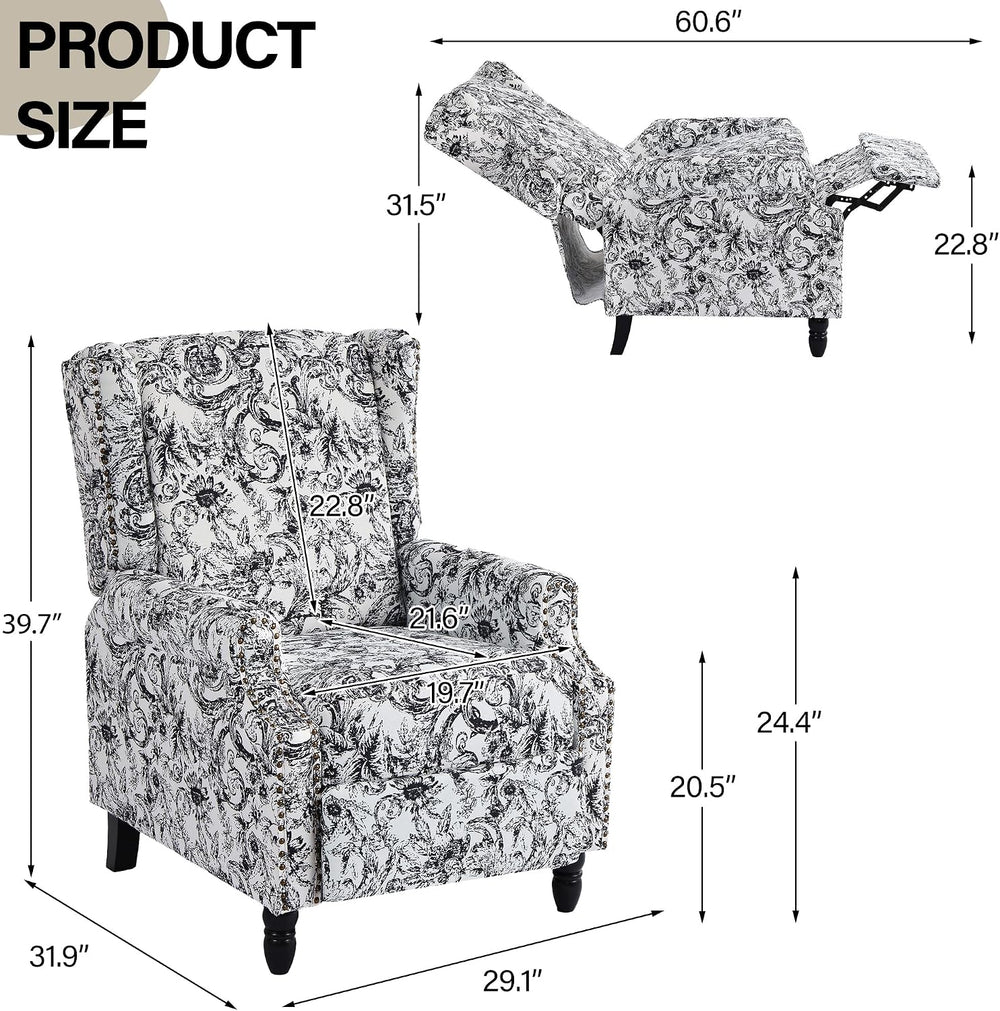 Wingback Floral Pushback Recliner Chair, Rococo Black, Set of 2