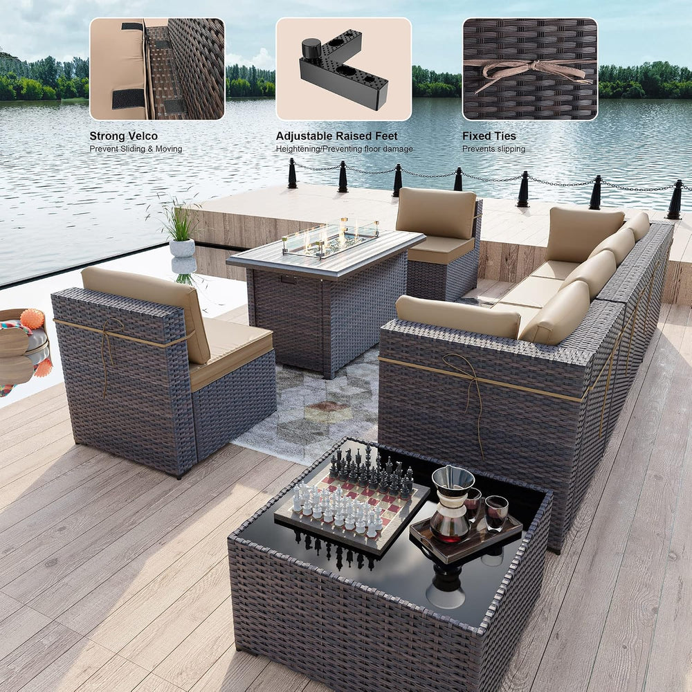 Kullavik 8 Piece Outdoor Wicker Patio Furniture Set with Fire Pit Table