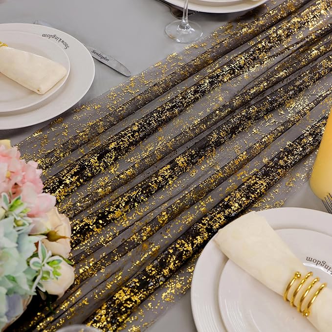 Snowkingdom 10 Pcs Black & Gold Cheesecloth Table Runner 10 FT, Sheer Chi...