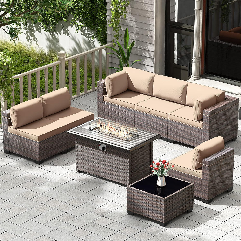 Kullavik 8 Piece Outdoor Wicker Patio Furniture Set with Fire Pit Table