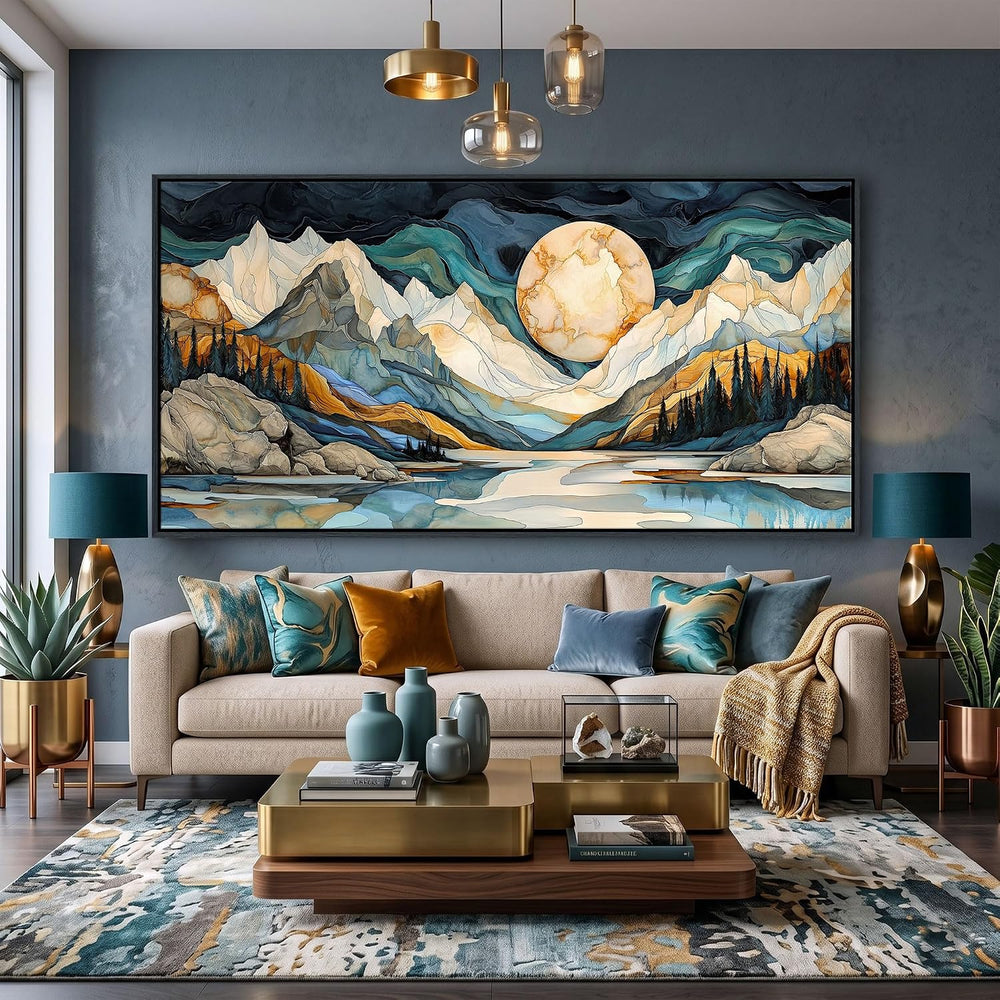 Framed Canvas Wall Art - 20x40 Inchs Abstract Painting Decor, Textured Mounta...
