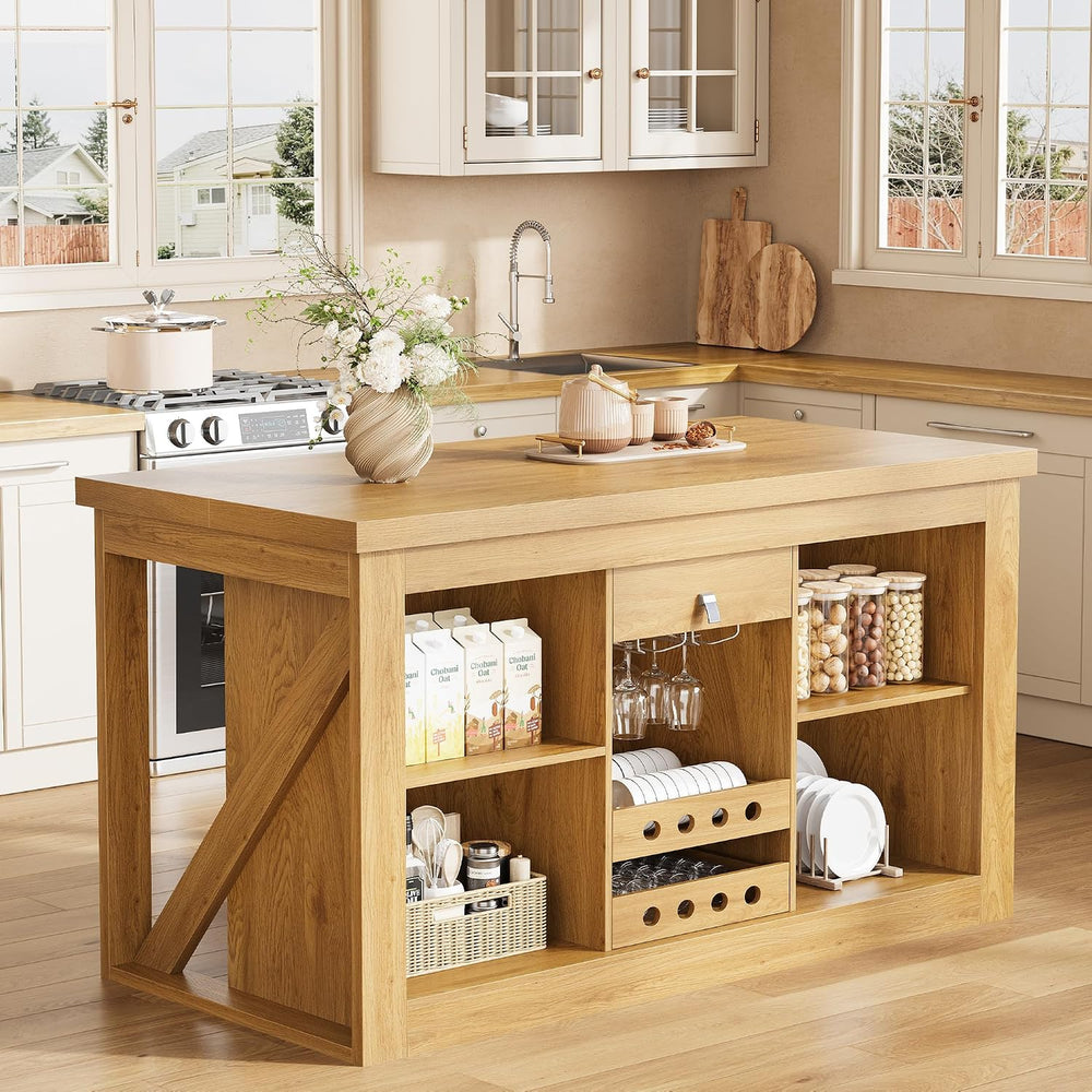 Viviwood Kitchen Island with Storage, 55" Farmhouse Stationary Island Ta...