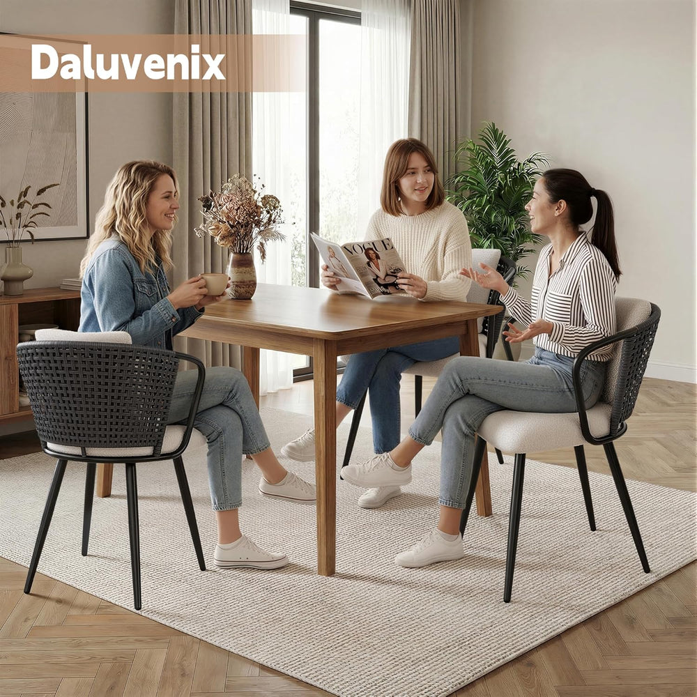 Rattan Dining Chairs Set of 4, Modern Upholstered Kitchen Chair with Metal Le...