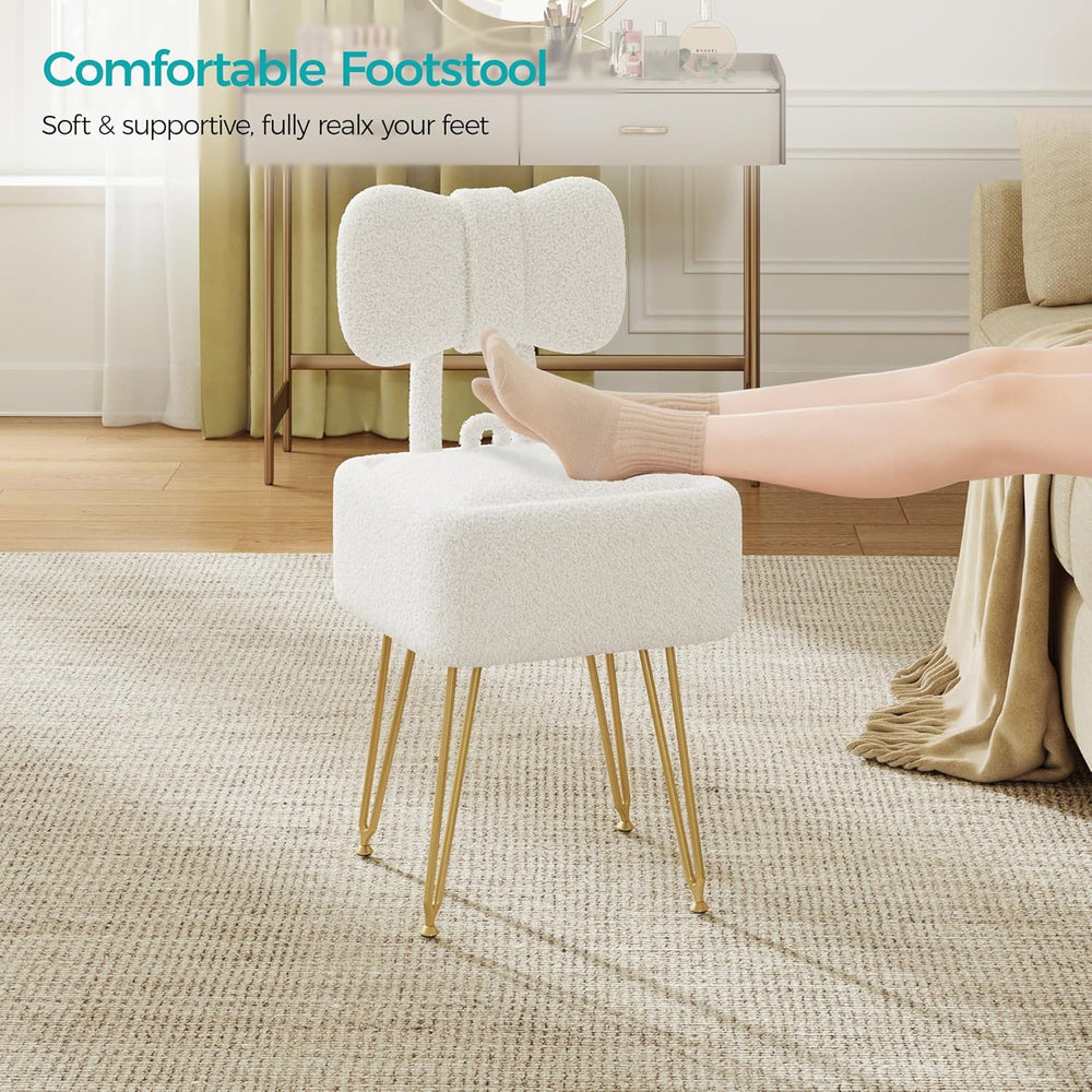 Small Vanity Stool Chair with Storage and Foldable Back, White