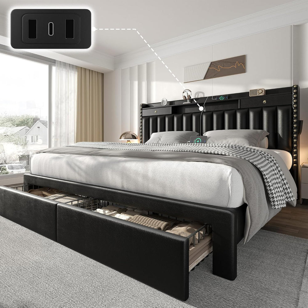 CypBed King Size Bed Frame with Headboard & 4-Storage Drawers, Upholstered