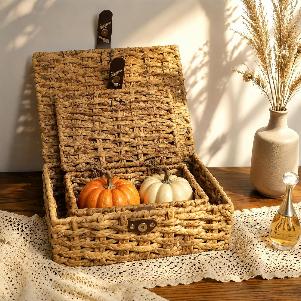 Water Hyacinth Woven Storage Basket with Lid for Decor, Storage (Large)