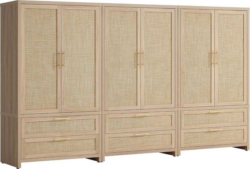 SICOTAS 71 inch Wardrobe Closet, Boho Rattan Armoire Wardrobe with Drawers