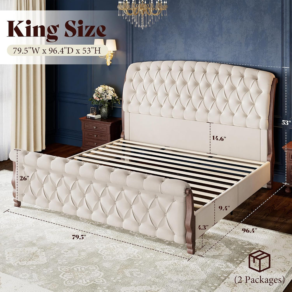 AMERLIFE King Sleigh Bed Frame, Upholstered Tufted Headboard, Cream
