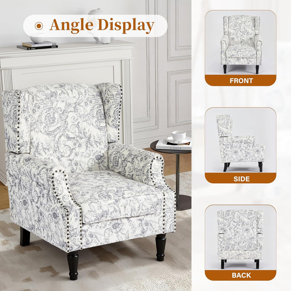 Floral Wingback Accent Chair, High Back Armchair, Rococo Light Gray