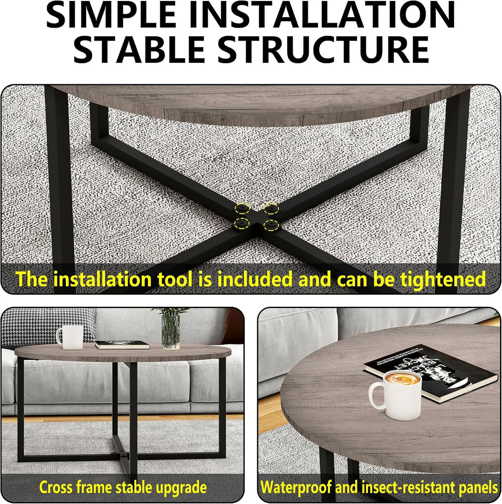 HOMERECOMMEND Round Coffee Table Nesting Tables for Living Room,Black+Grey