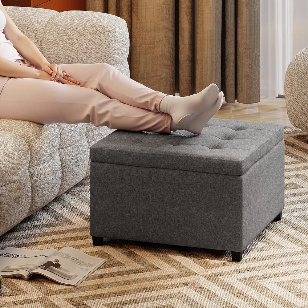 HOMCOM Storage Ottoman Coffee Table with Flip Top Seat Lid Wood Frame Gray