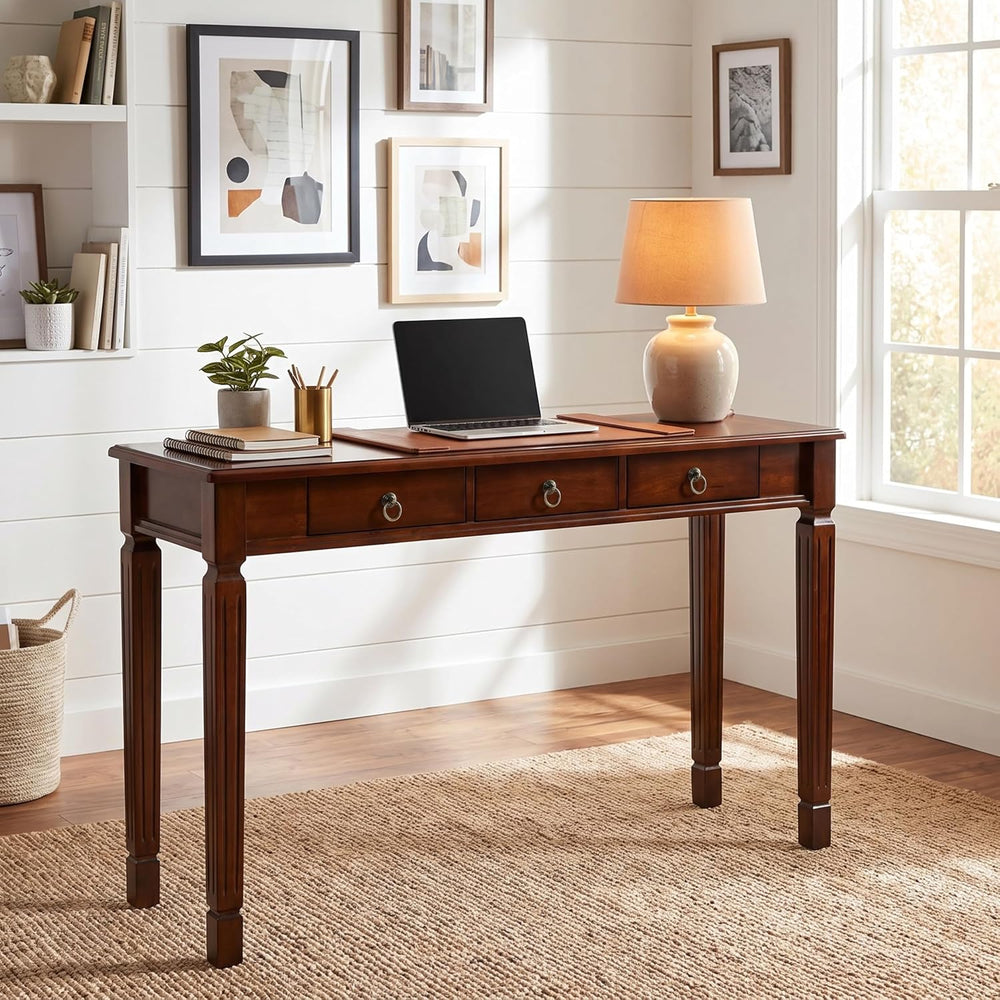 Solid Wood Writing Desk with 3 Drawers, 47"W Large Secretary Table