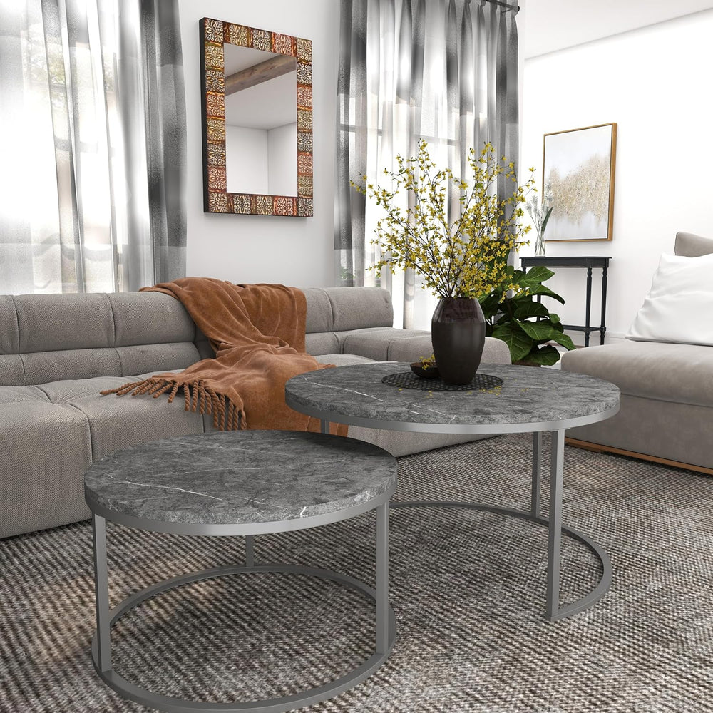 Nesting Coffee Table Set of 2, 31.5" Round Coffee Table Wooden Marble Pa...