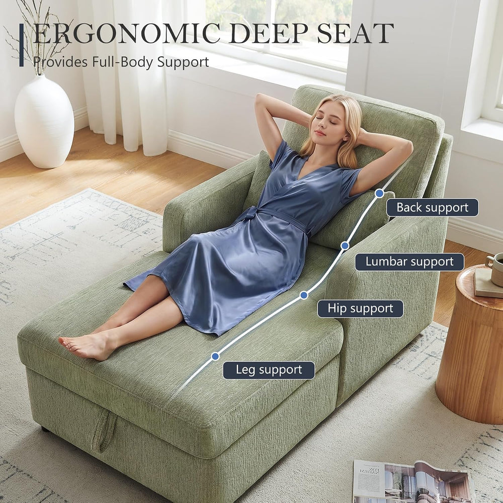 63.8" Large Chaise Lounge Chair with Storage, Chenille Sage Green