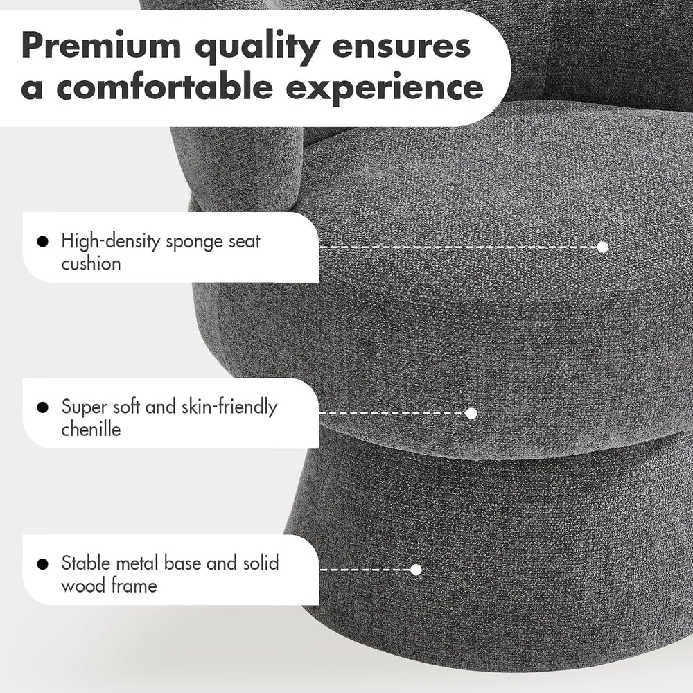 360° Swivel Accent Chair, Gray Chenille Barrel Armchair with Curved Back and ...