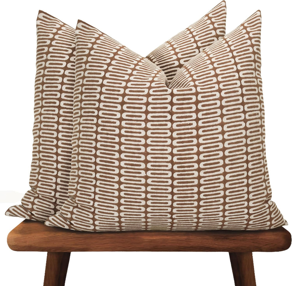 Hand Block Print, Artisan-Made Neutral Accent Throw Pillow Covers- Pure Cotto...