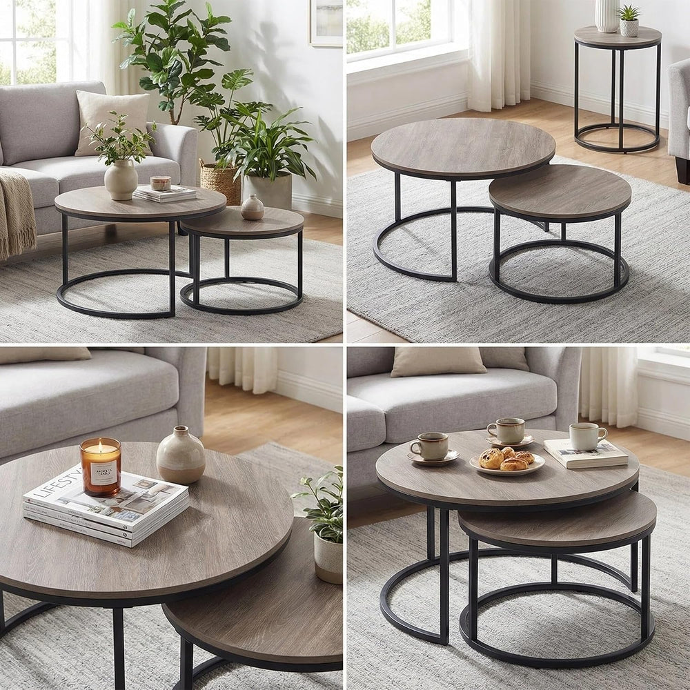 31.5" Round Nesting Coffee Table, Grey Wash Oak Finish